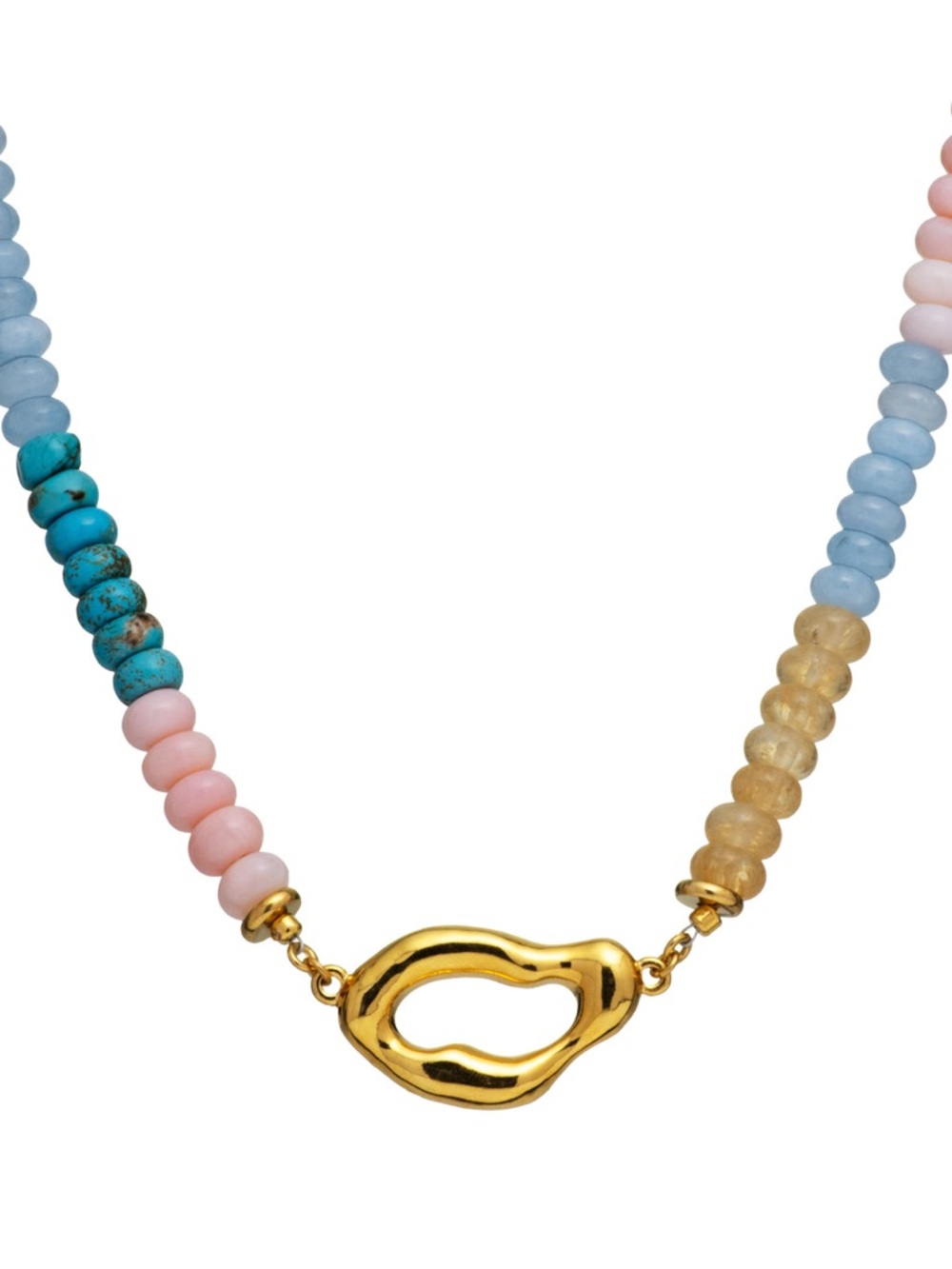 Gold Link Multicolor Beaded Necklace — Pink, Blue, Turquoise, Yellow stones